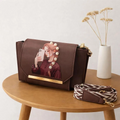 Brown Printed Leather Women's Handbag with Adjustabl