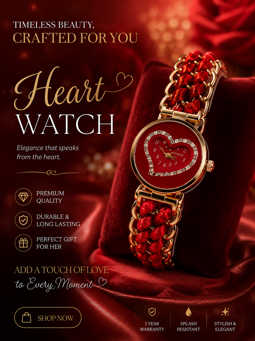 Heart Shaped Red Braided Bracelet Watch for Girls