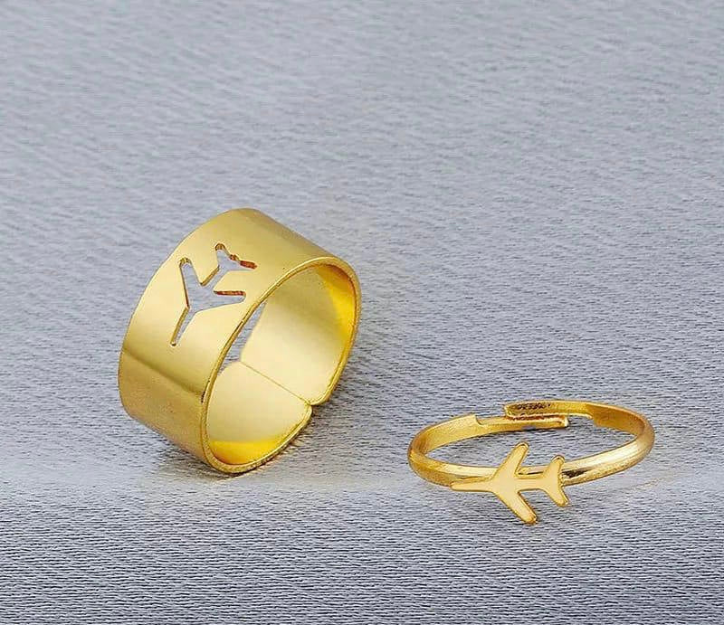 Golden Airplane Couple Rings Adjustable for Men Women
