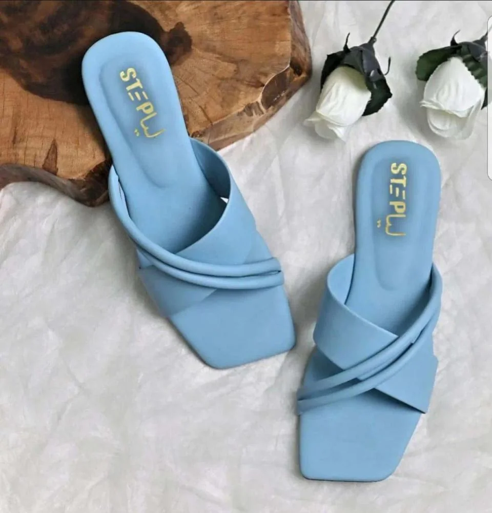 Blue Cross-Strap Rexine Slides for Women