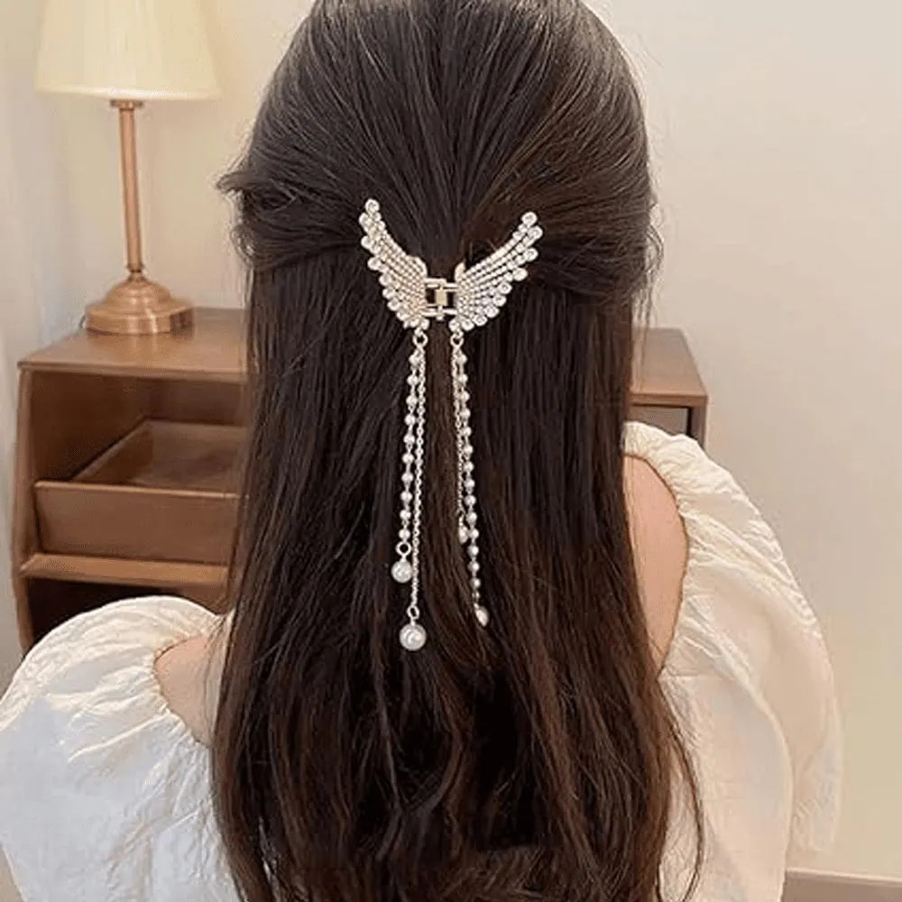 Butterfly Hair Claw with Zircon & Pearl Tassels Silver Gold